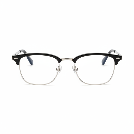 Men's browline reading glasses with black acetate brow and silver metal wire rims front view on white background