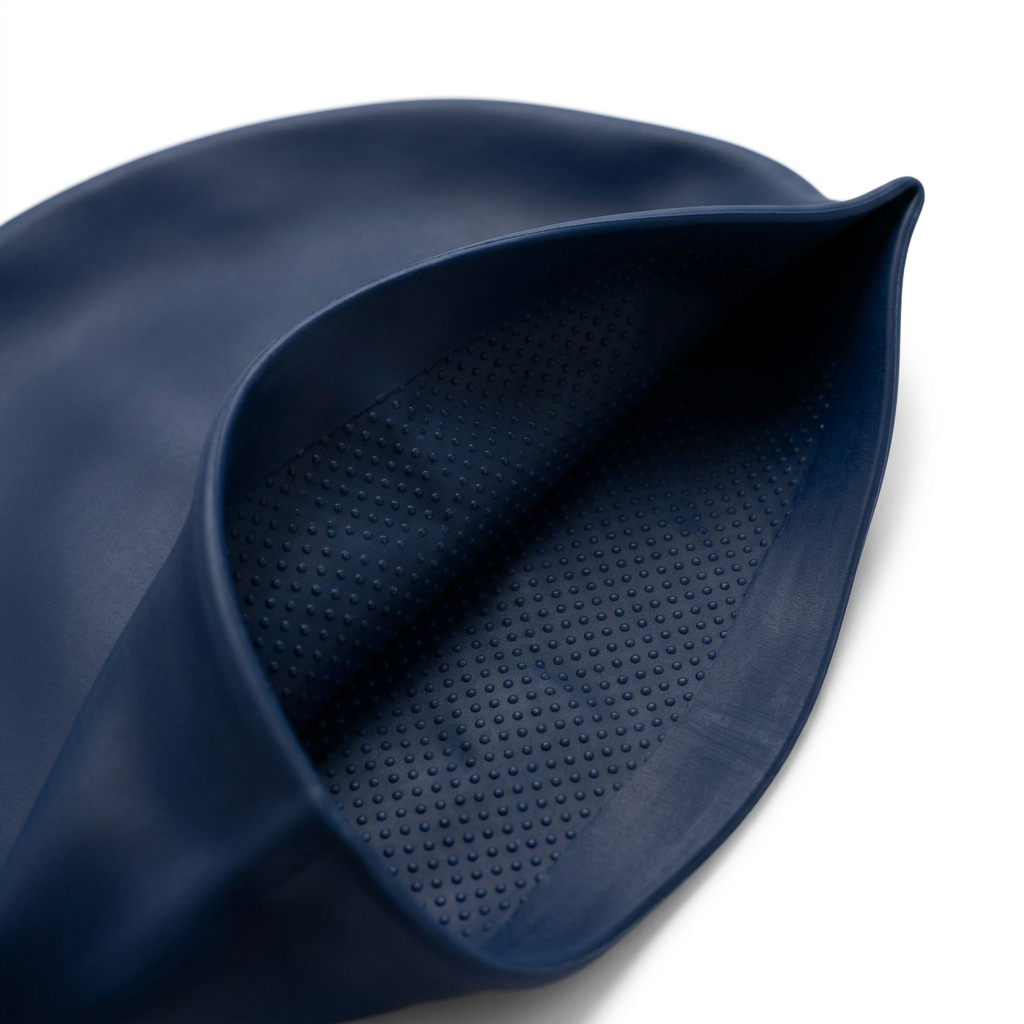 Detail close-up of silicone swimming cap elastic opening rim and non-slip interior on white background
