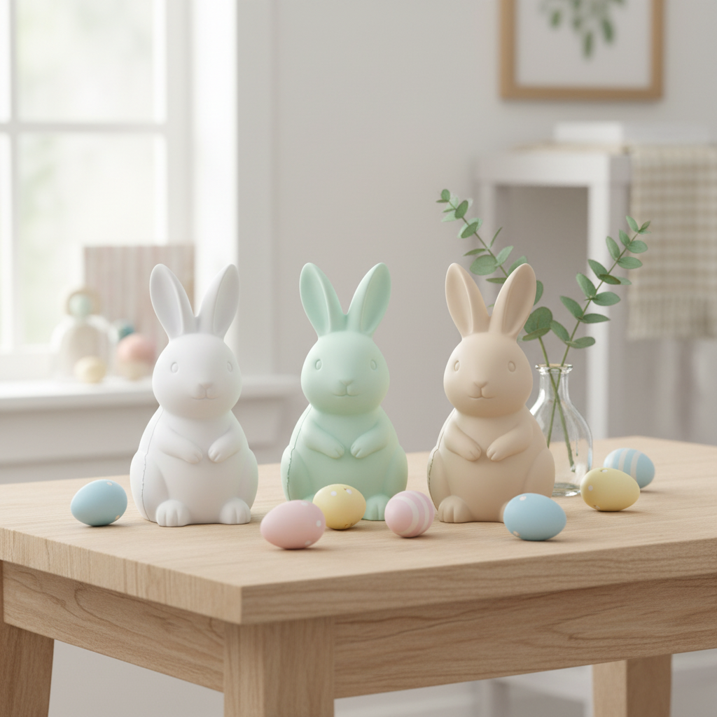 White, mint and beige seated Easter bunny ornaments arranged with pastel eggs and green leafy sprigs on a bright wooden tabletop.