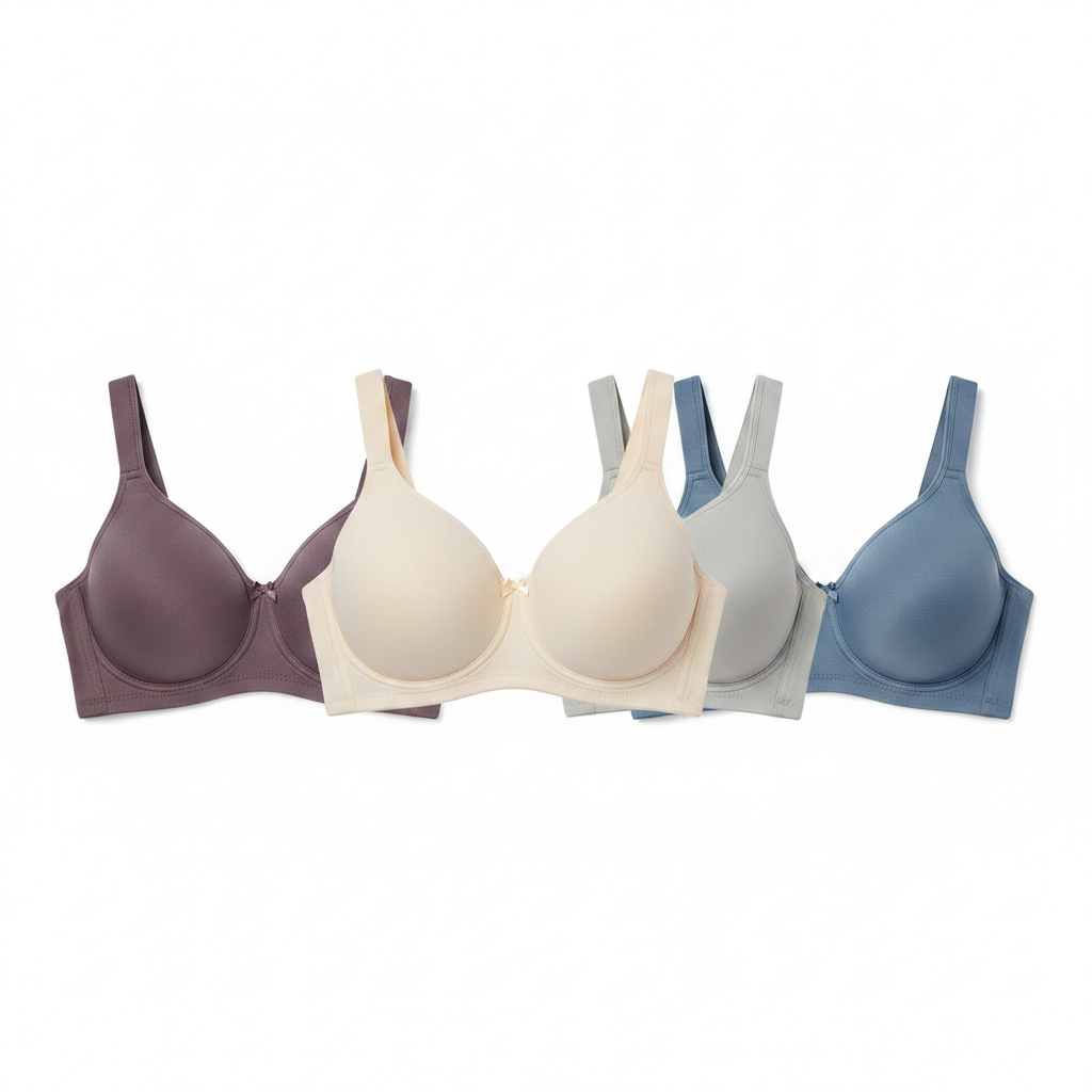 Multi-color flat lay of full-coverage bra in four rich solid colors side-by-side