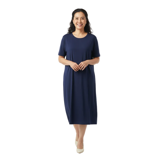Front view of women's casual round neck midi dress on white background