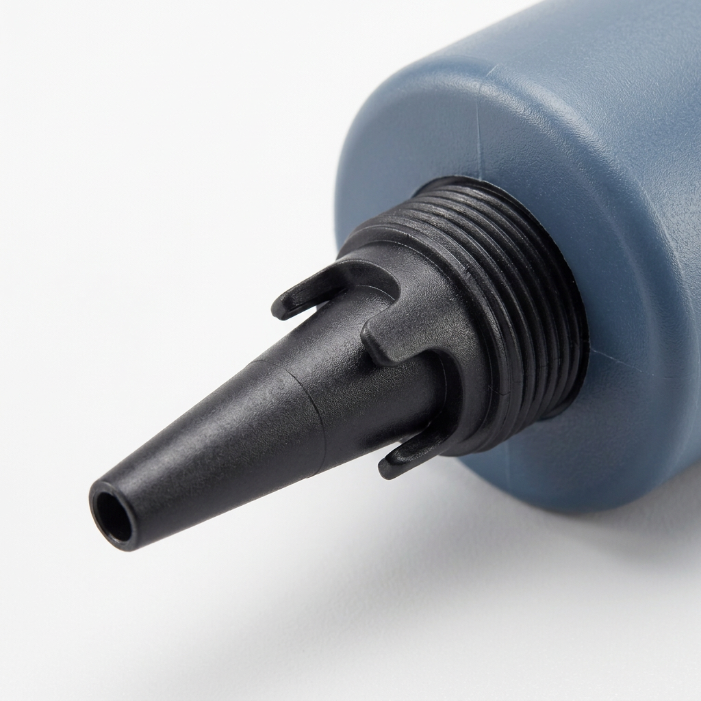 Detail close-up of gym ball pump tapered nozzle tip and cylinder junction on white background