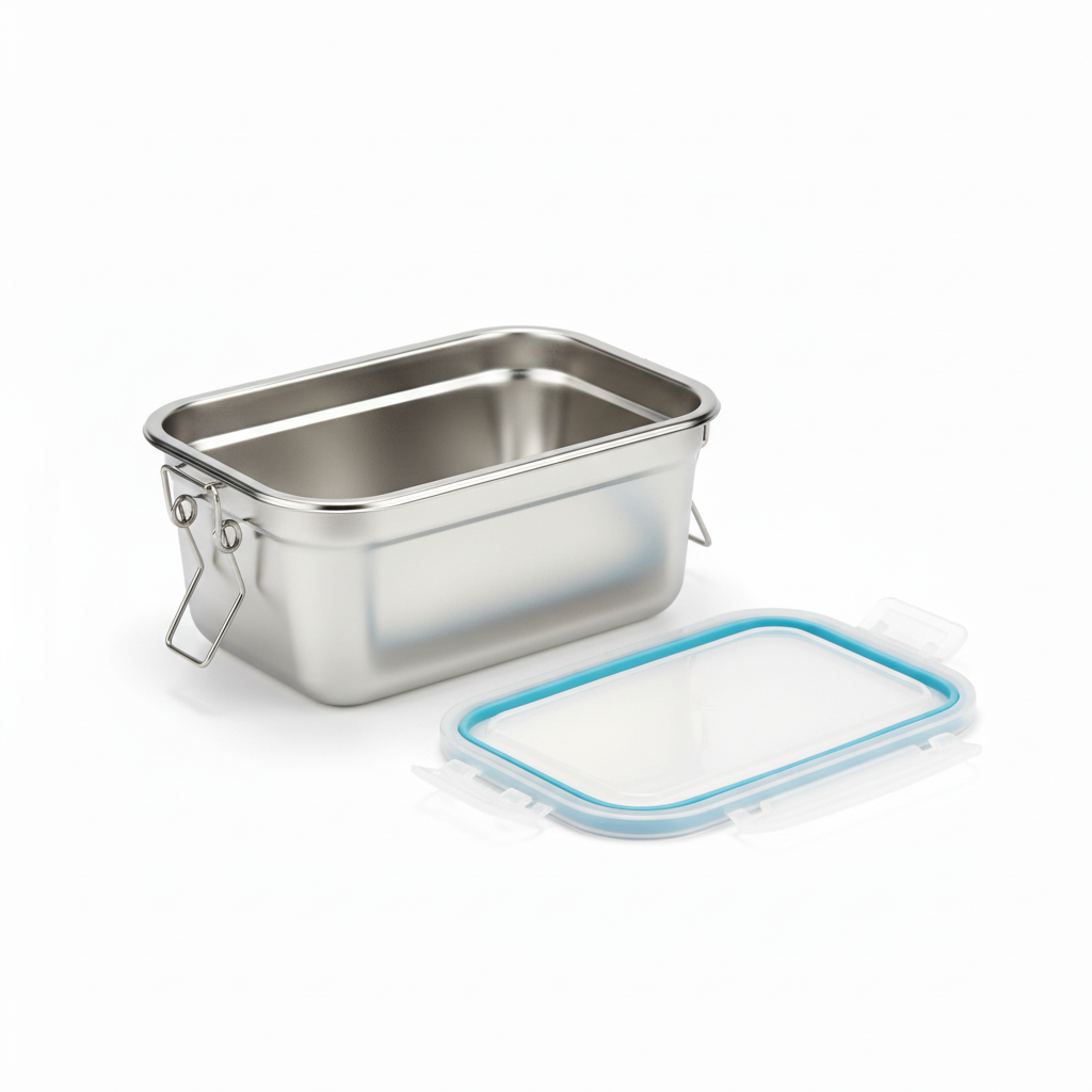 Open stainless steel food storage box with sealing lid resting flat beside it on pure white background
