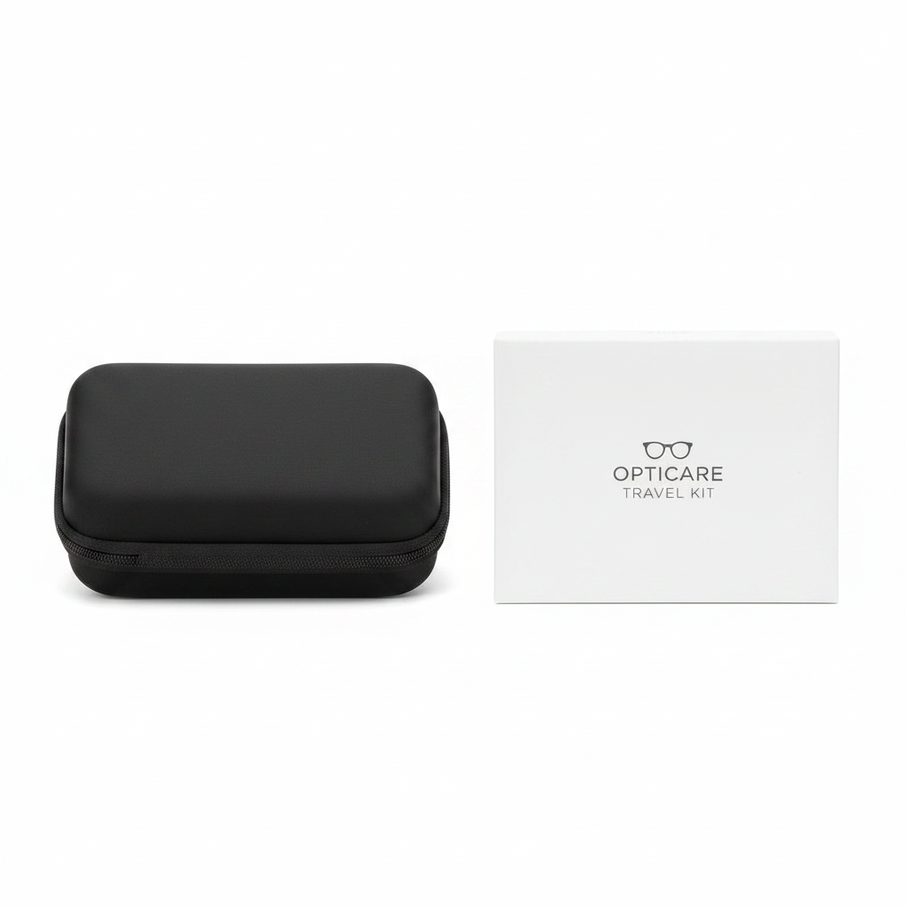 Closed zippered eyewear travel case with retail packaging box on white background