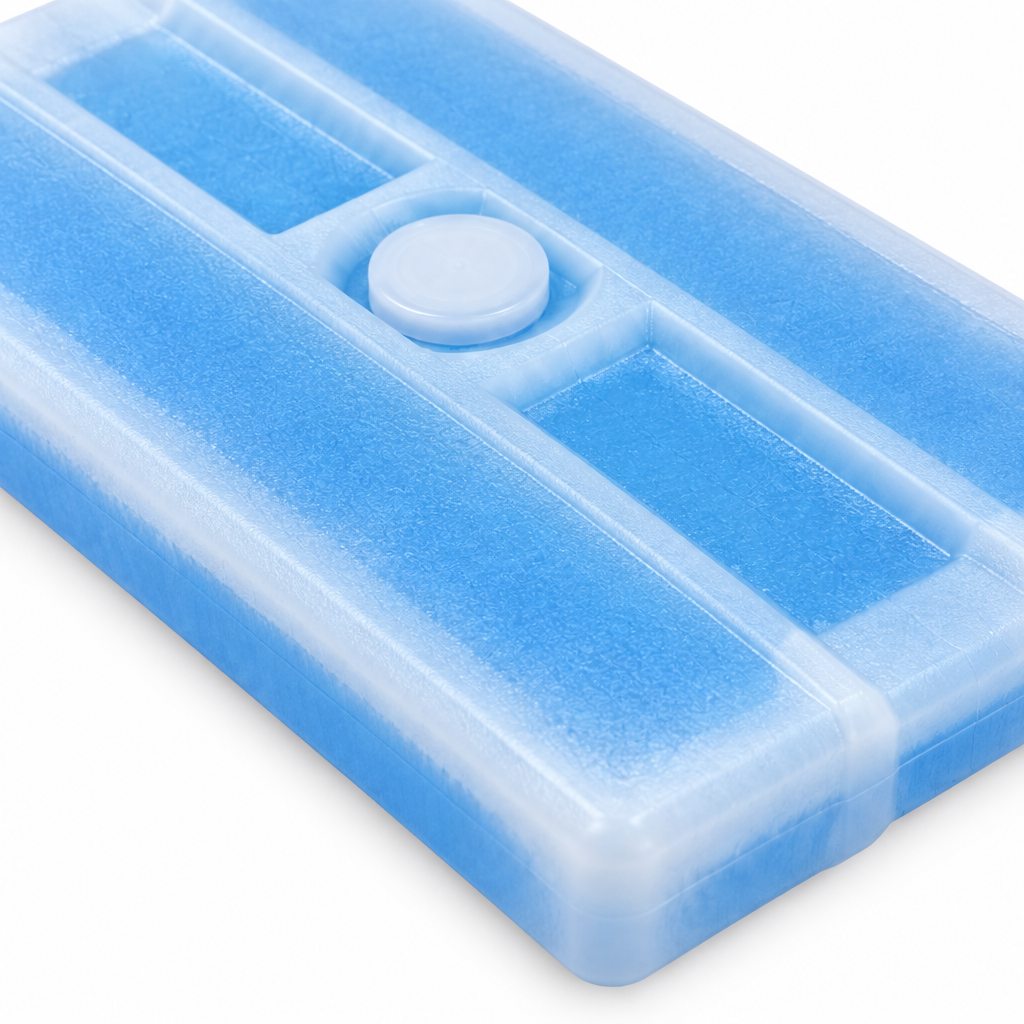 Close-up of the reusable ice pack sealed circular injection port and reinforced structural shell edge