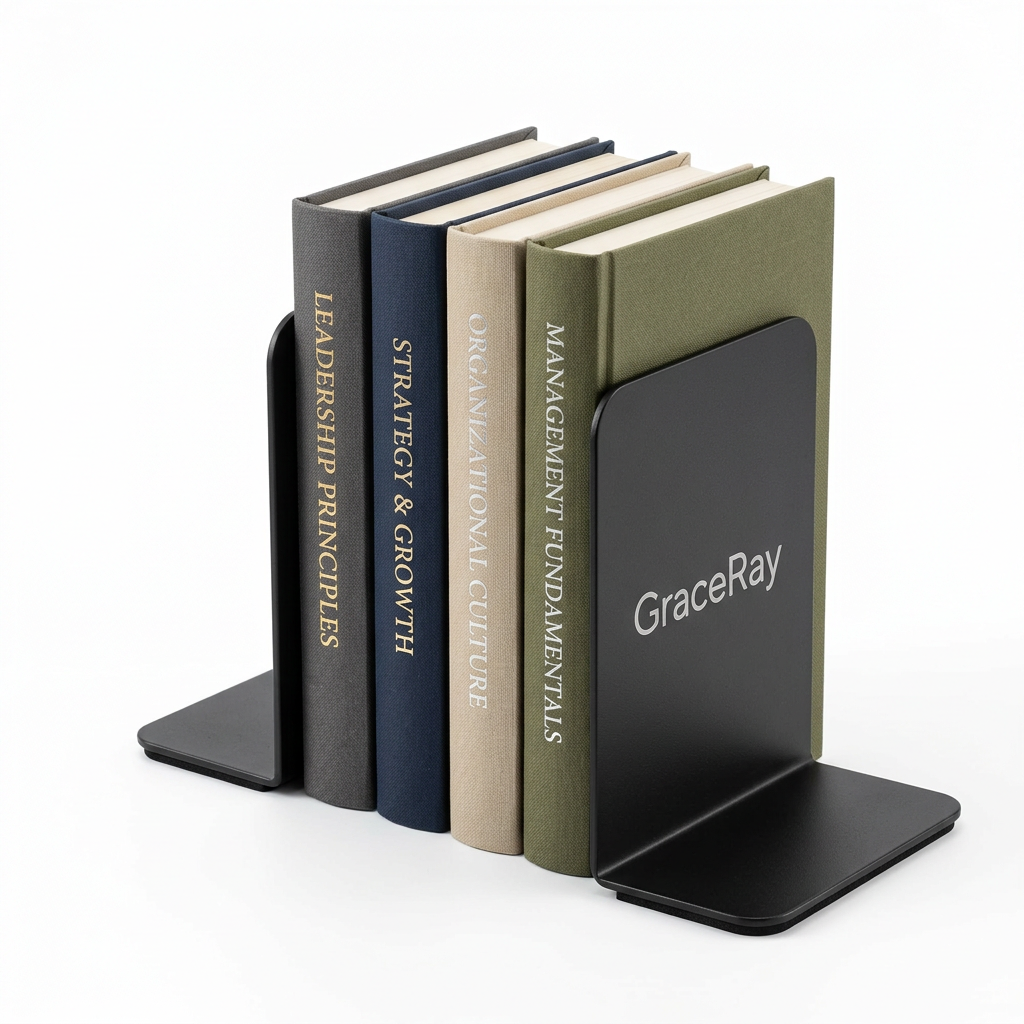 Pair of desk bookends supporting books on an office shelf.