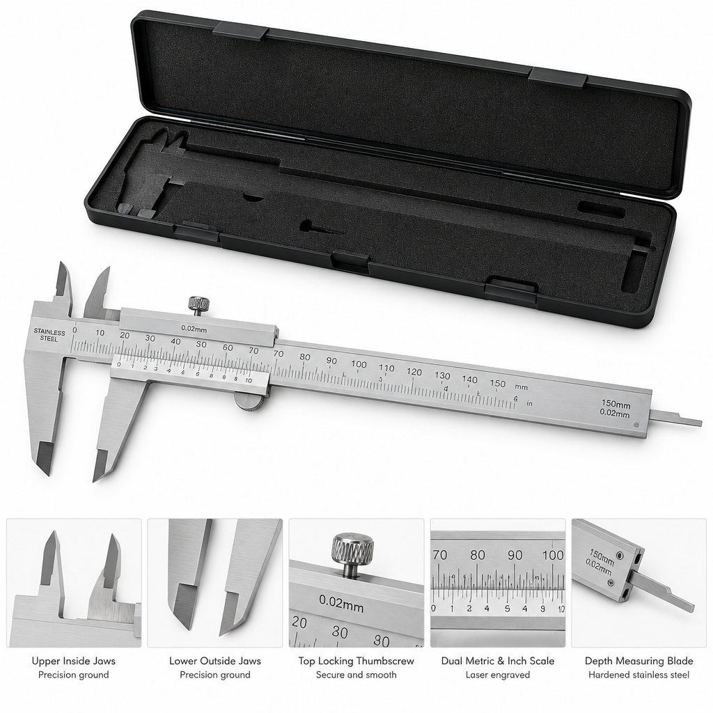 Stainless steel mechanical vernier caliper with laser-engraved dual scale and protective storage case on a pure white background