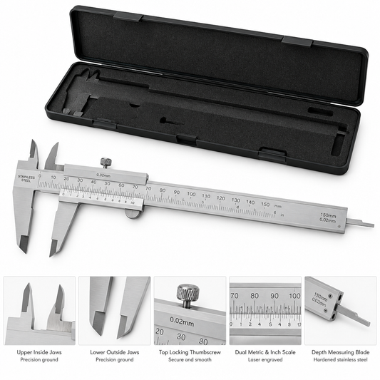 Stainless steel mechanical vernier caliper with laser-engraved dual scale and protective storage case on a pure white background