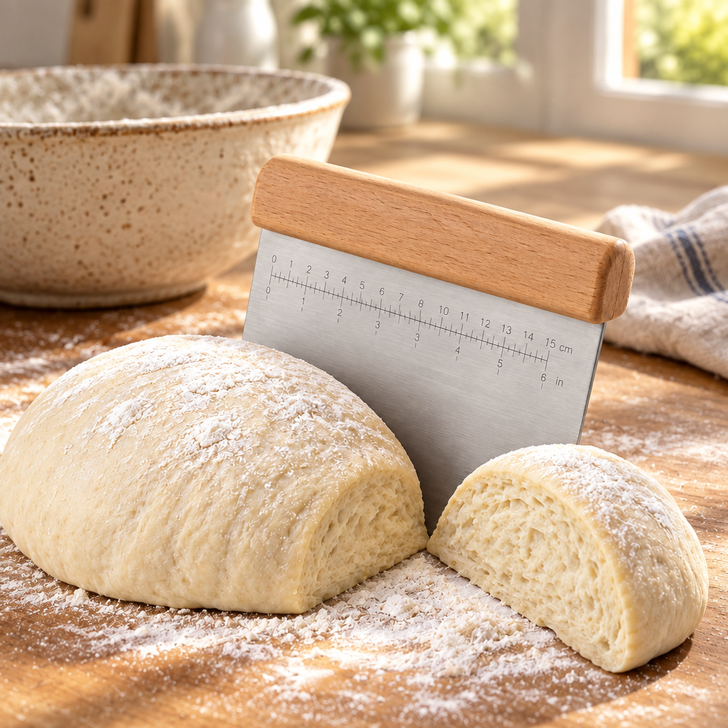 Stainless steel dough scraper with beechwood handle on baking table next to bread dough and flour