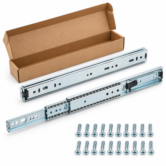 Pair of heavy duty 45mm 3-fold ball bearing drawer slides with one closed and one fully extended with mounting screws on a pure white background