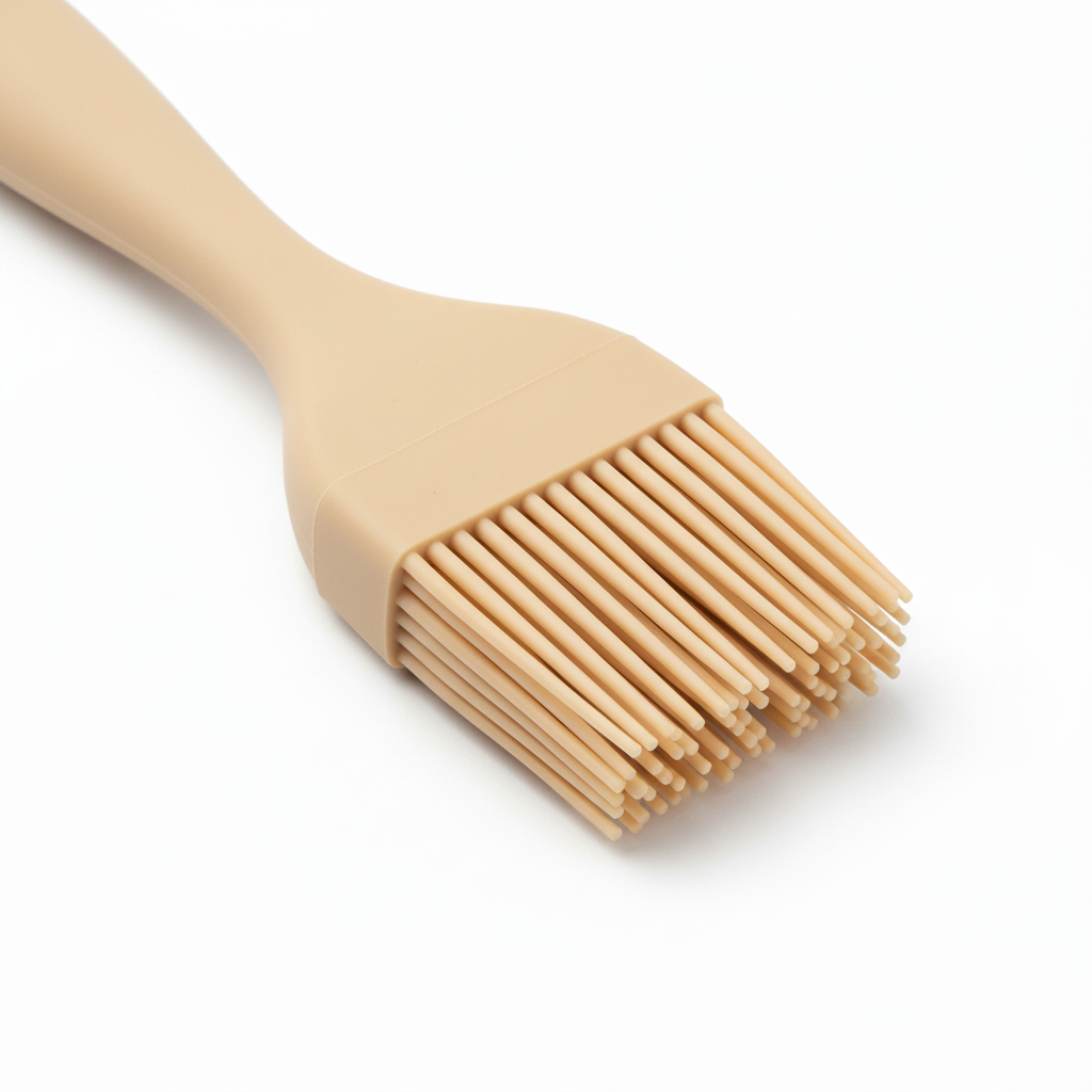 Macro detail of heat-resistant flexible silicone bristle grid and seamless molded handle on pure white background