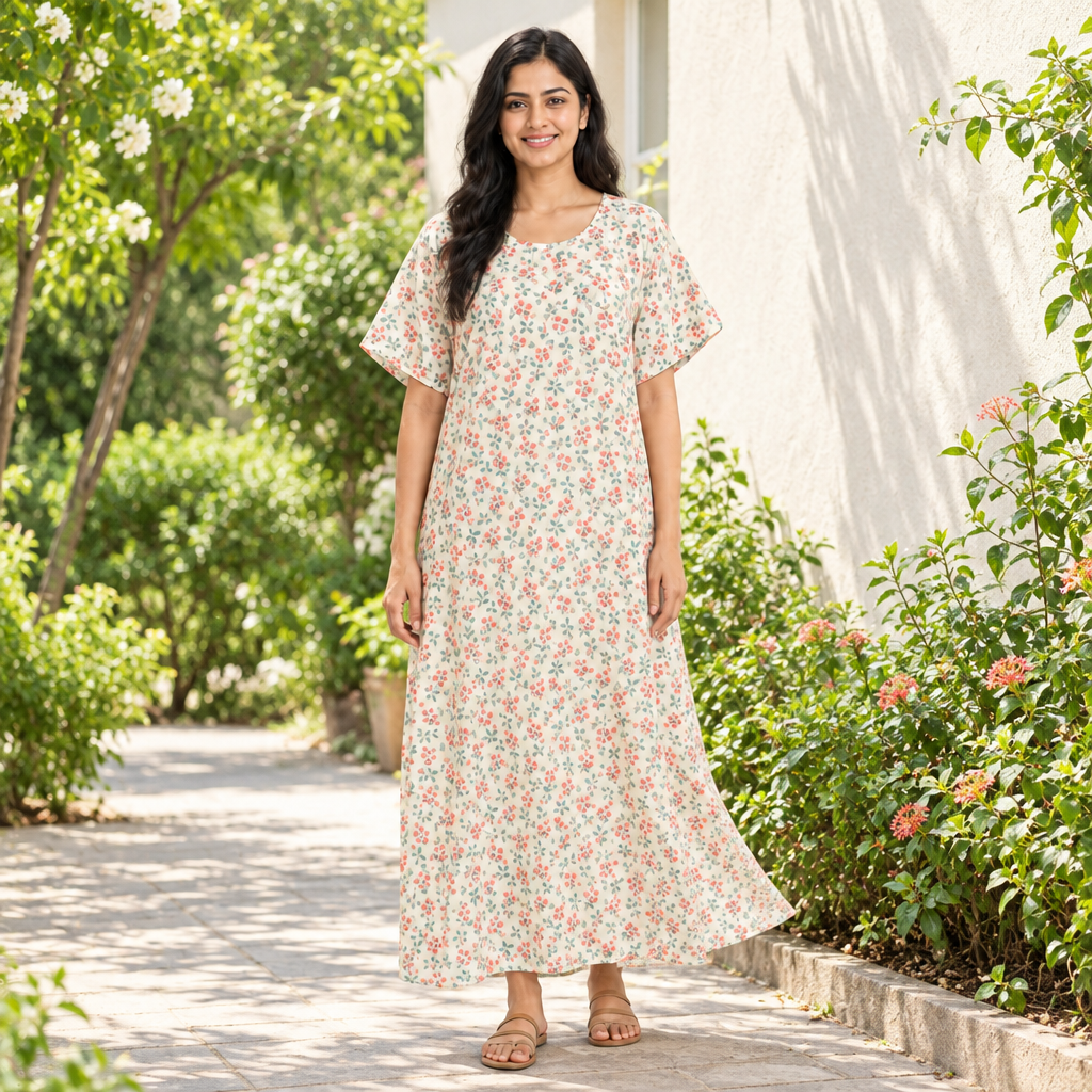 Model wearing an ivory small-floral short-sleeve loose kaftan dress on a sunny garden walkway