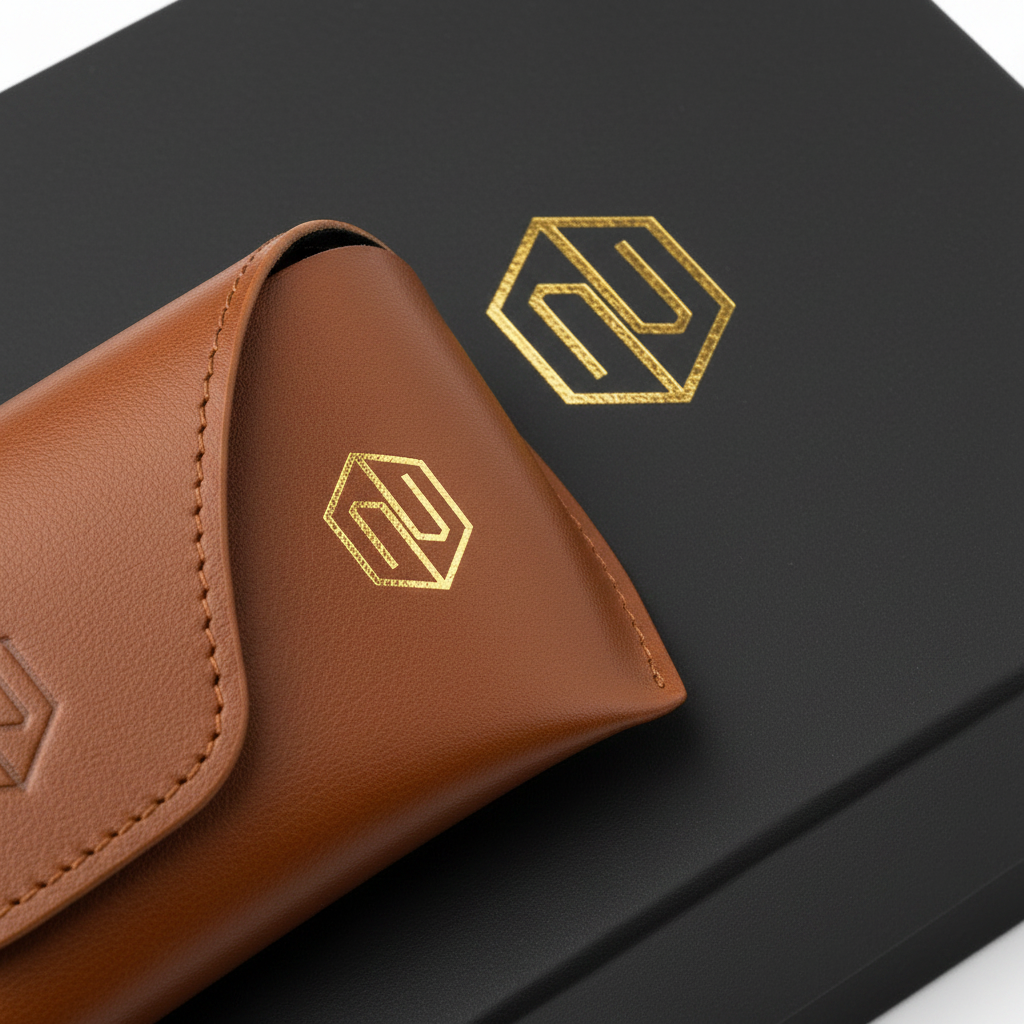 Macro detail of reflective gold foil logo on leather glasses case and gift box lid