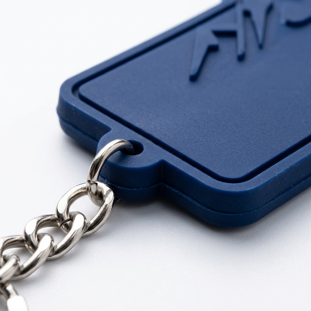 Detail close-up of 3D PVC rubber keychain showing multi-layer raised relief and nickel split ring on white background