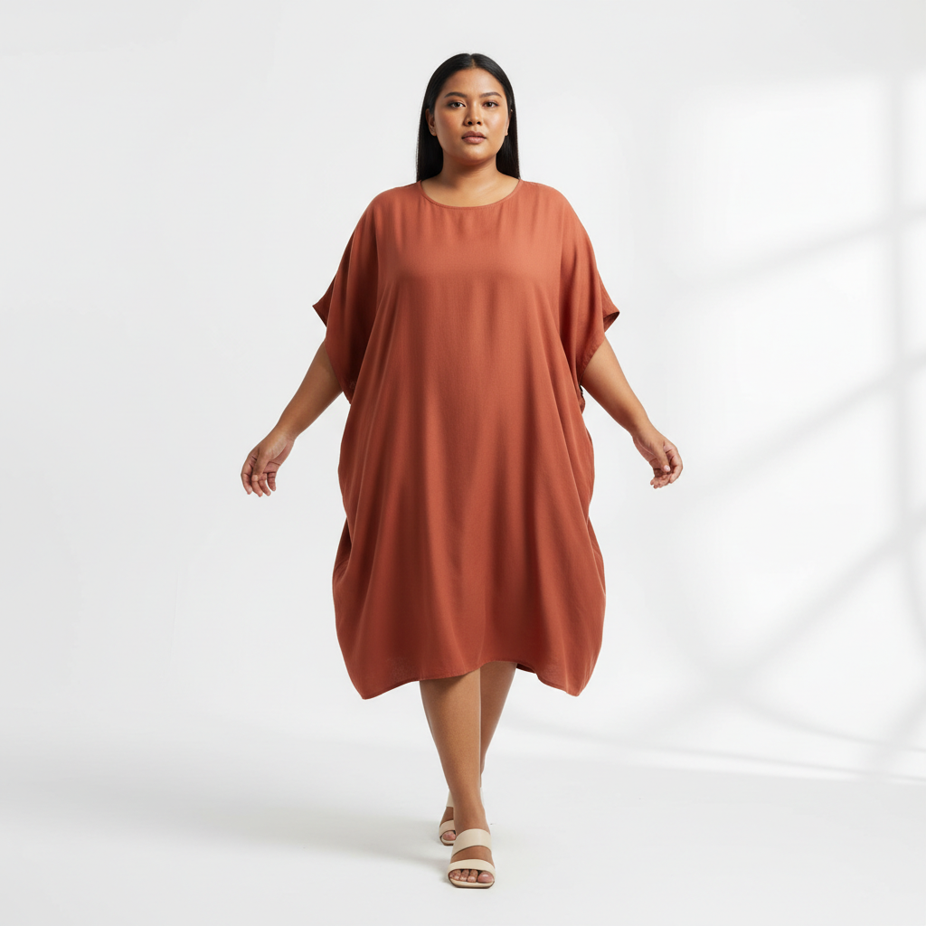 Indonesian woman terracotta loose fit dress walking
