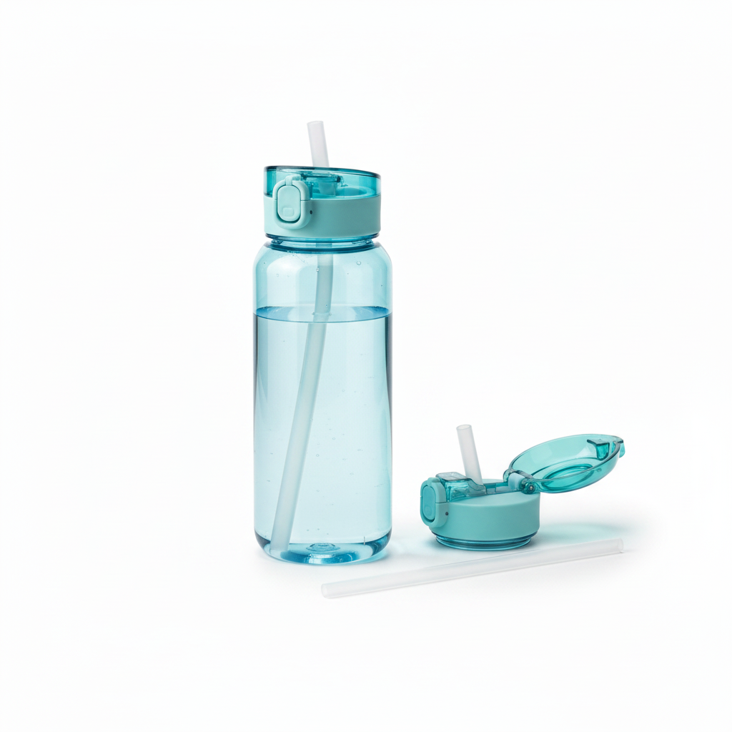 Open plastic water bottle with unscrewed lid and straw beside it on pure white background