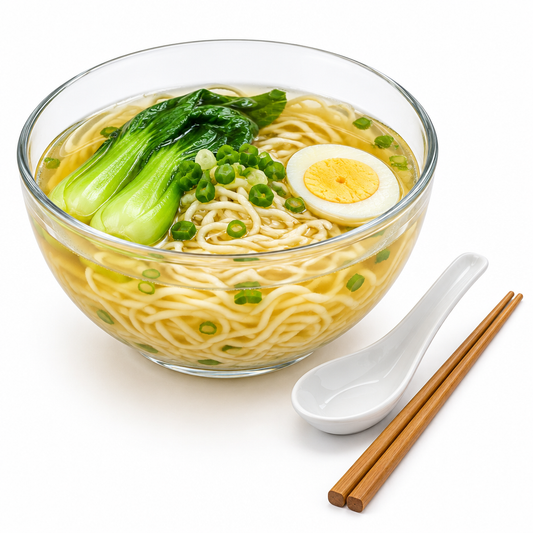 Round clear transparent glass soup bowl filled with hot noodle soup, bok choy, and egg with spoon and chopsticks on a seamless pure white background