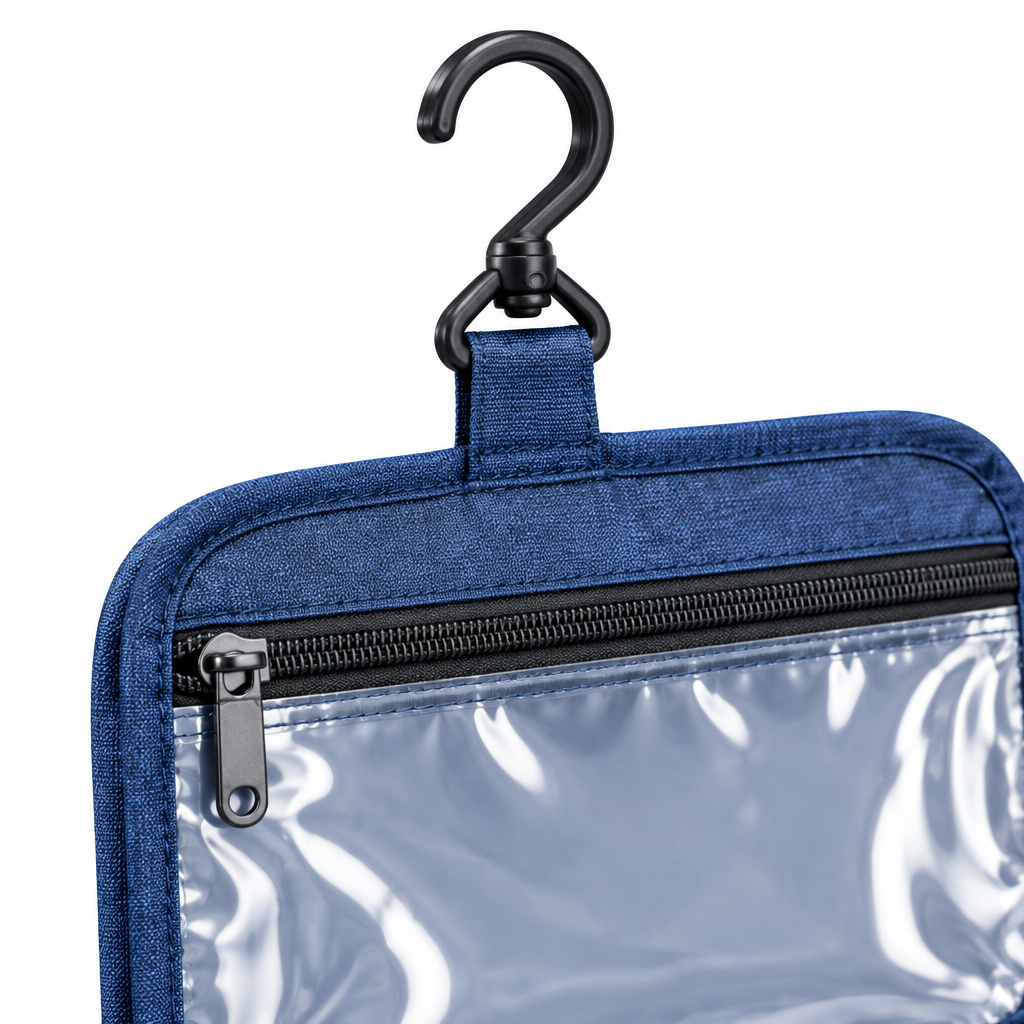 Close-up of the hanging toiletry bag 360-degree swivel hanging hook and clear PVC zippered pocket