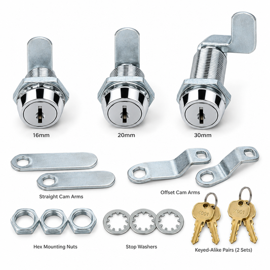 Chrome-plated zinc alloy cabinet cam locks with straight and offset locking cam arms, mounting nuts, and keys on a pure white background