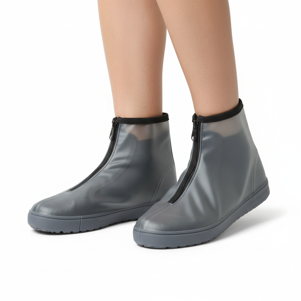 Pair of semi-transparent smoky gray PVC rain shoe covers with black front zippers and elastic cuffs worn over ordinary shoes on white.