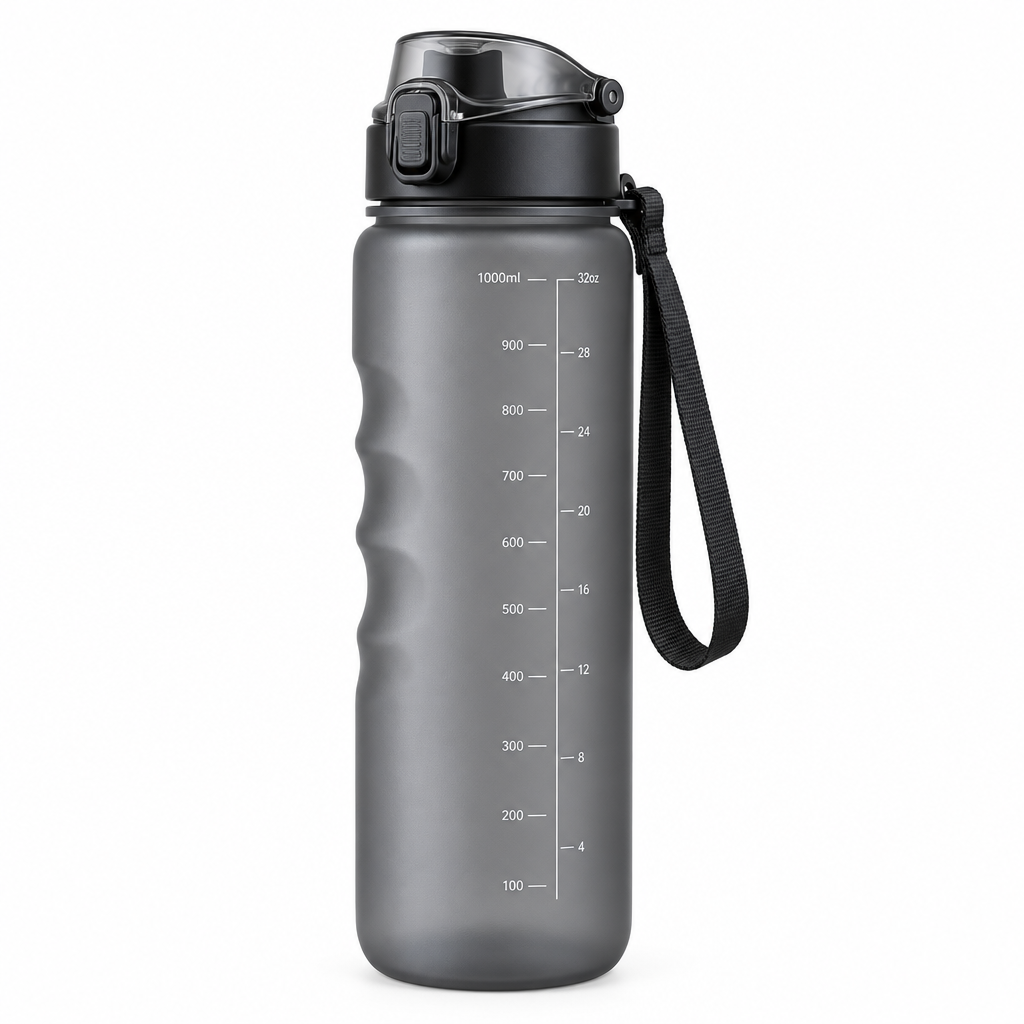 Frosted smoky gray sports water bottle with flip top lid, safety latch, and wrist strap on white background