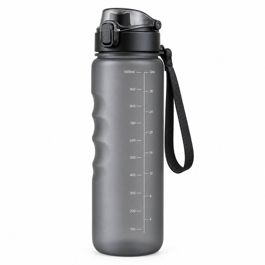 Frosted smoky gray sports water bottle with flip top lid, safety latch, and wrist strap on white background