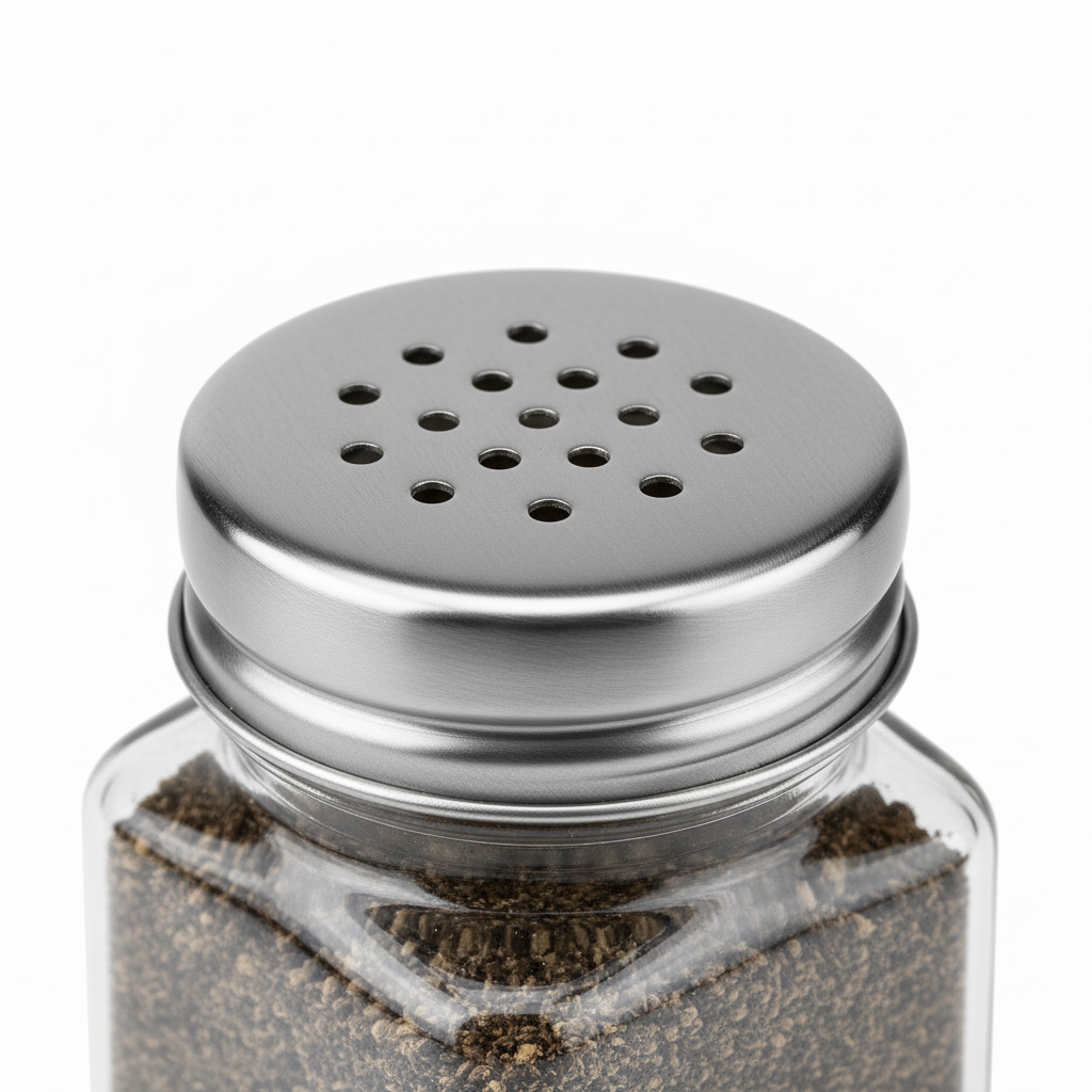 Close-up of stainless steel perforated shaker lid on square glass spice jar