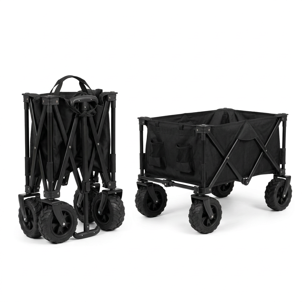 Side by side comparison of black folding utility wagon shown in both compact folded state and fully open unfolded state
