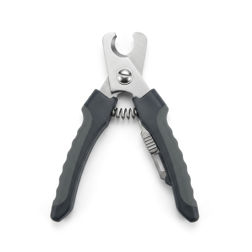 Pet nail clippers showing stainless steel semi-circular cutting blades, coiled spring, and safety lock on pure white background