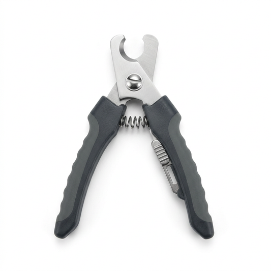 Pet nail clippers showing stainless steel semi-circular cutting blades, coiled spring, and safety lock on pure white background