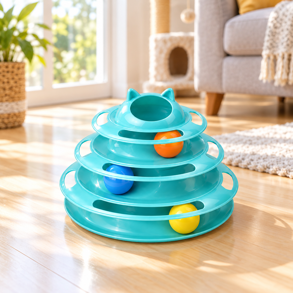 Turquoise three-tier cat track ball toy resting on hardwood floor near sunlit window in modern living room