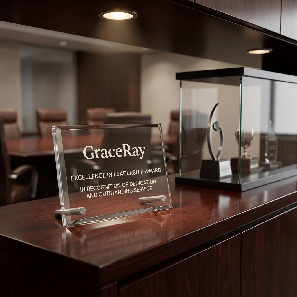 Custom crystal recognition award plaque displayed on a boardroom credenza under gallery downlights