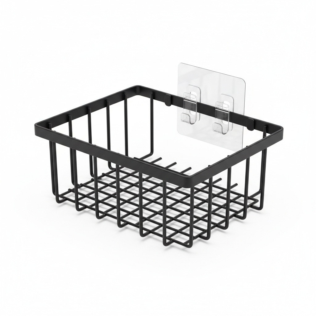 Adhesive wall-mounted kitchen storage rack in matte black wire on pure white background