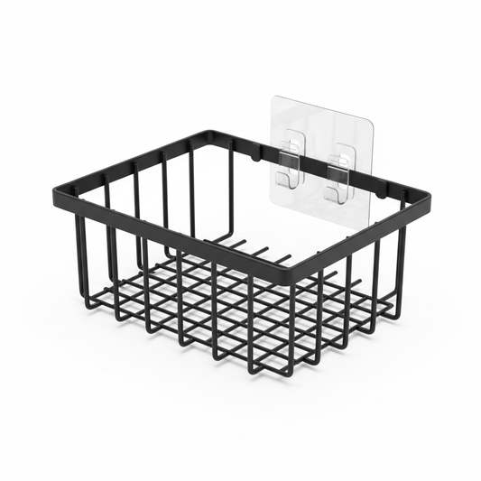Adhesive wall-mounted kitchen storage rack in matte black wire on pure white background
