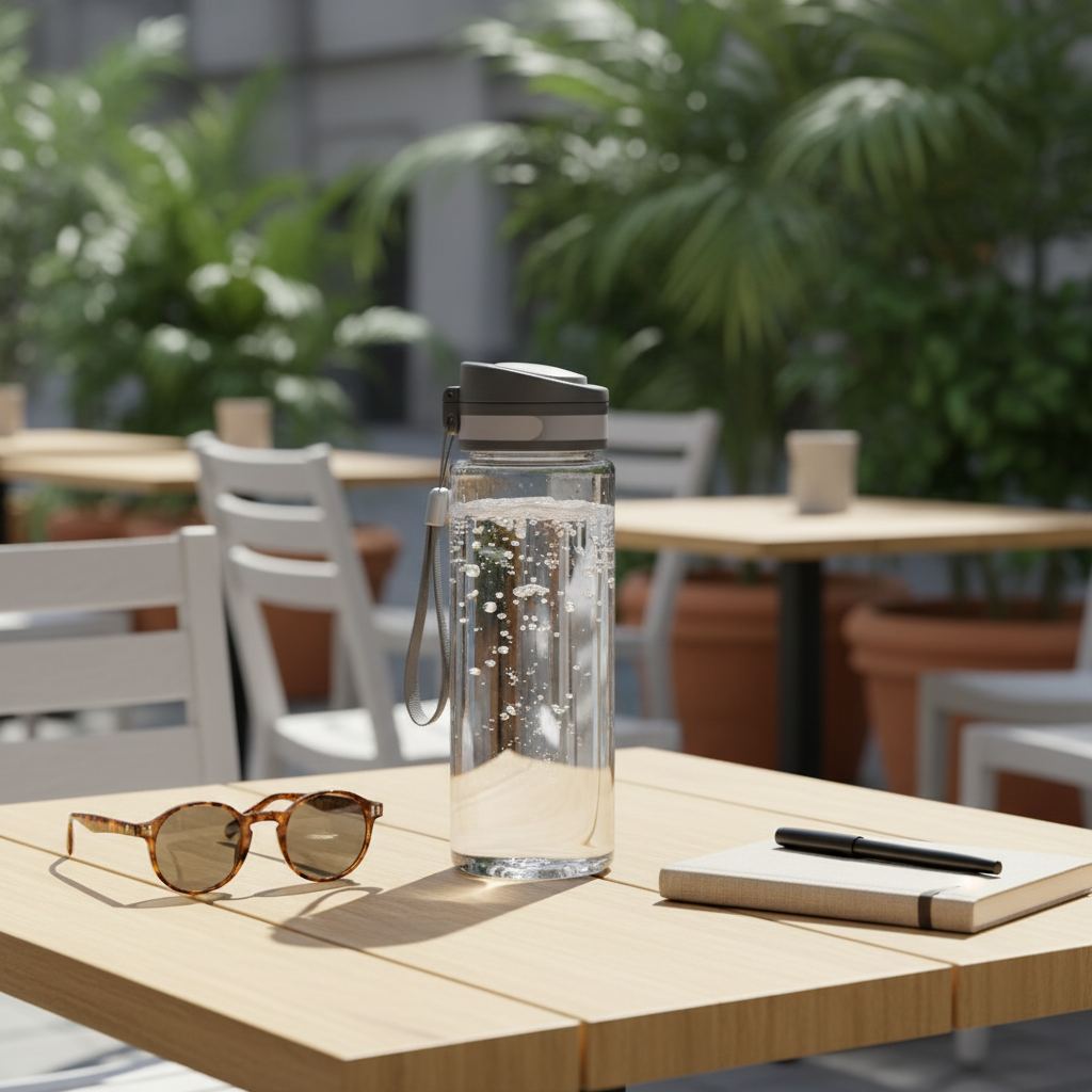 Clear Tritan water bottle on outdoor cafe table next to sunglasses and notebook
