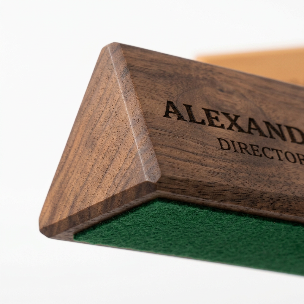 Detail close-up of wooden desk name plate showing angled wedge cut, laser engraved depth, and grain finish on white background