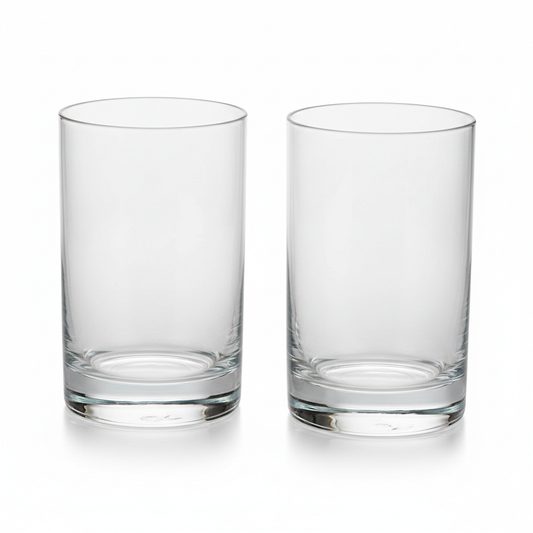 Hotel clear drinking glasses with heavy weighted base on white background