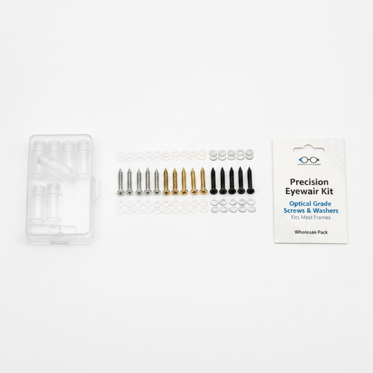 Clear sliding storage box and vials for eyeglass screws and washers on white background