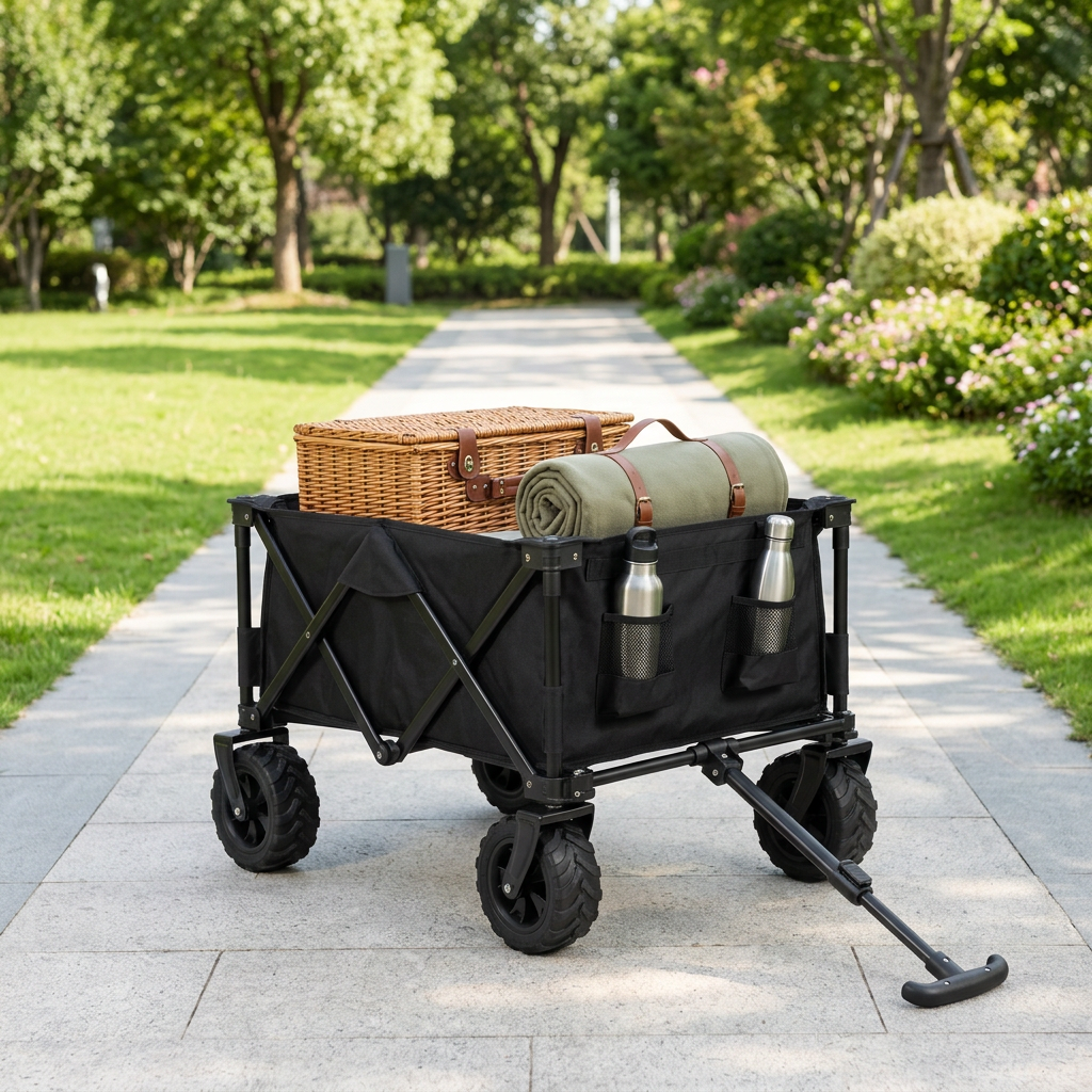 Folding utility wagon carrying lightweight picnic supplies parked on a paved stone pathway in an outdoor park