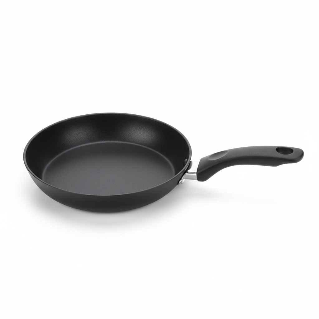 Compact mini non-stick aluminum frying pan with ergonomic black handle on pure white background
