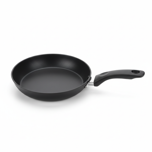 Compact mini non-stick aluminum frying pan with ergonomic black handle on pure white background