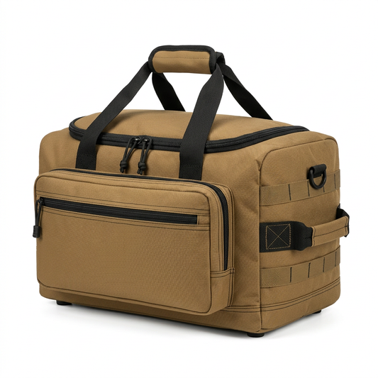 Heavy-duty coyote brown outdoor equipment storage bag on a pure white background showing full duffel shape, padded handles, and front compartment