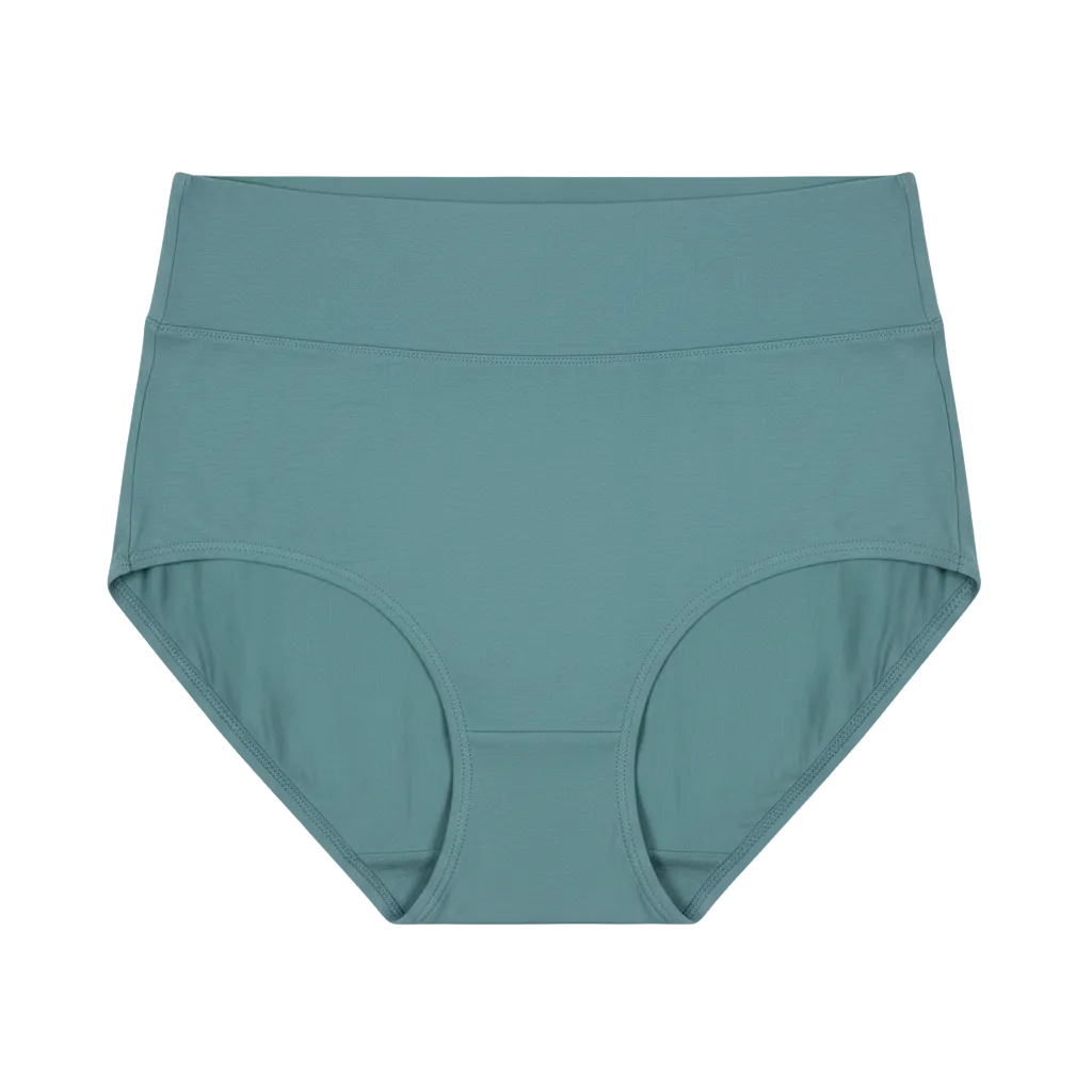 Front view of high waist cotton briefs with fabric covered gentle waistband in dusty cyan on white background