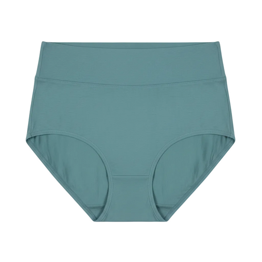 Front view of high waist cotton briefs with fabric covered gentle waistband in dusty cyan on white background