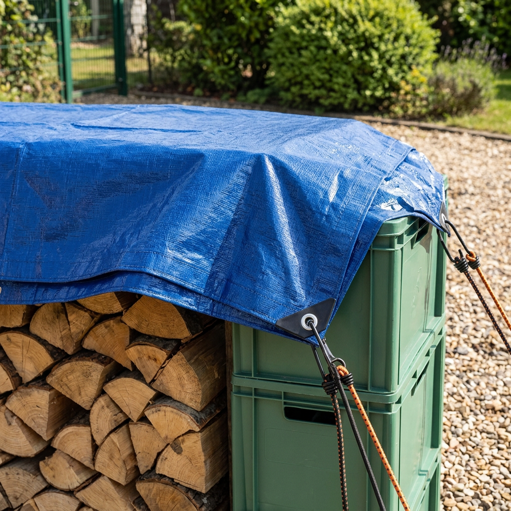 Blue PE tarpaulin covering stacked firewood logs and storage crates in an outdoor yard secured with cords in daylight
