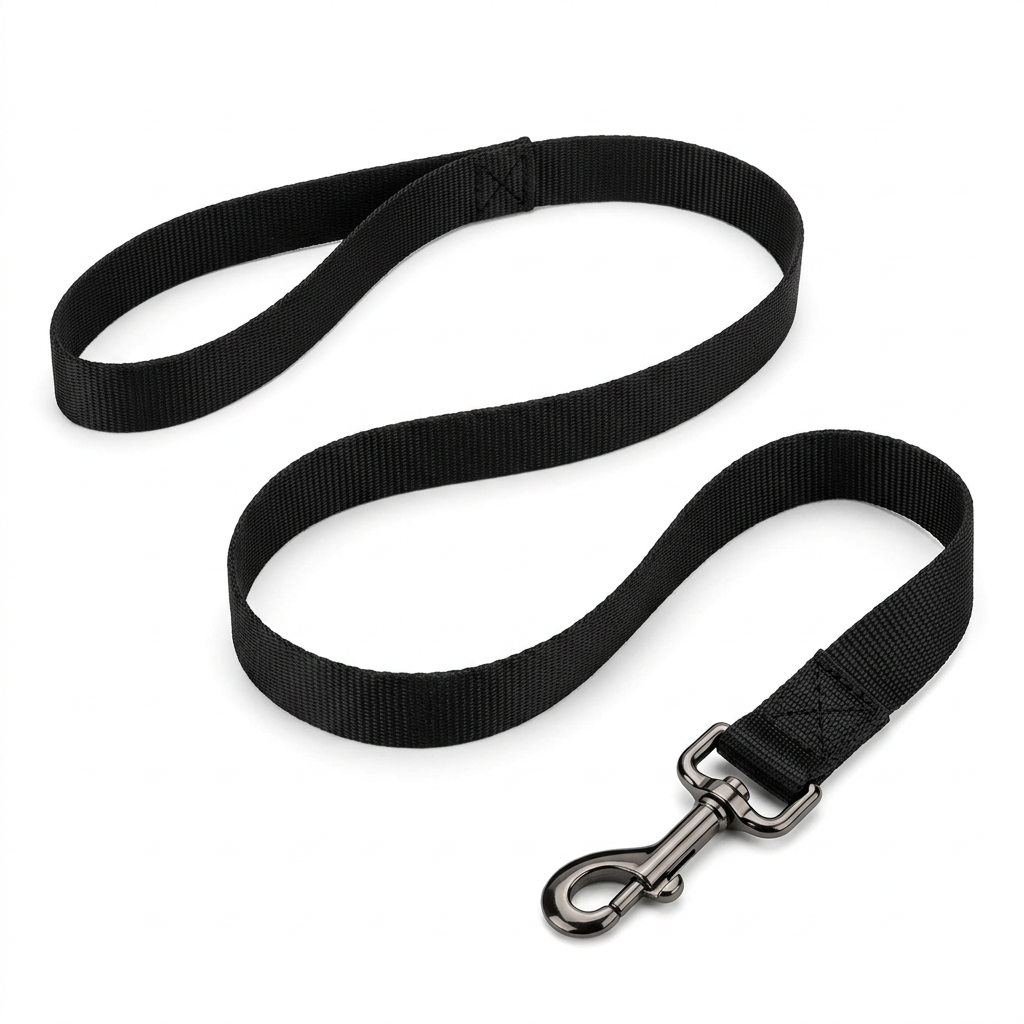 Classic black nylon dog leash laid out showing integrated loop handle and swivel metal bolt snap clip on pure white background