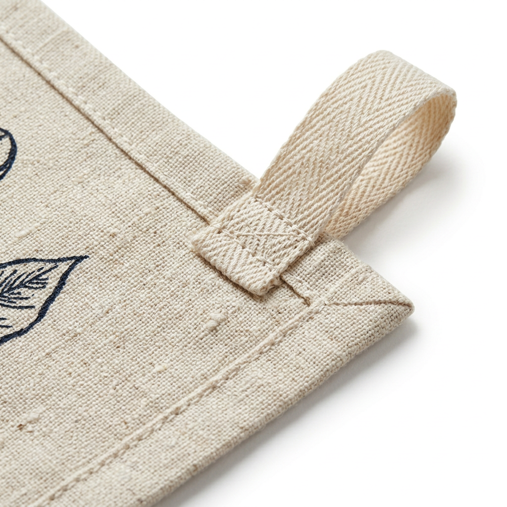 Detail close-up of tea towel showing natural linen-cotton slub weave and hanging twill loop on white background