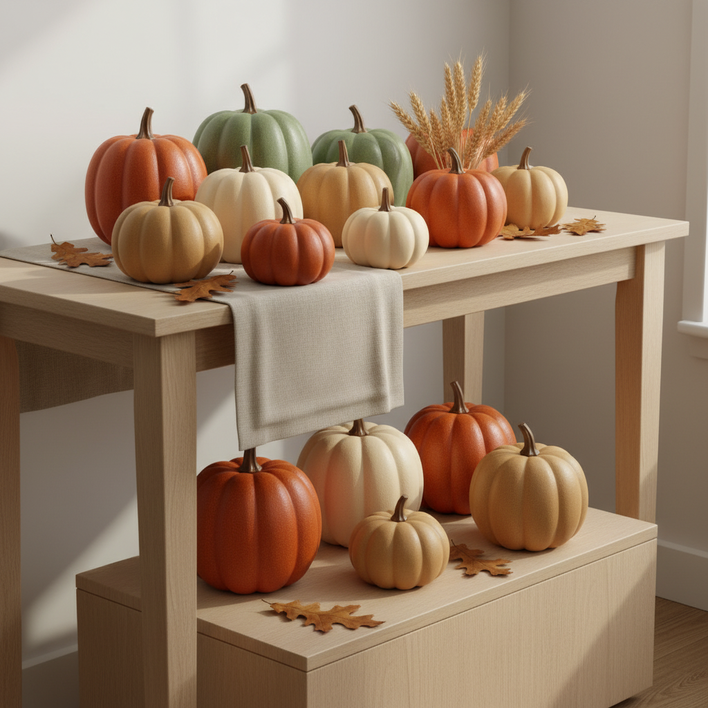 Artificial orange, cream, sage green and tan pumpkins arranged with wheat and autumn leaves on a simple retail display table.