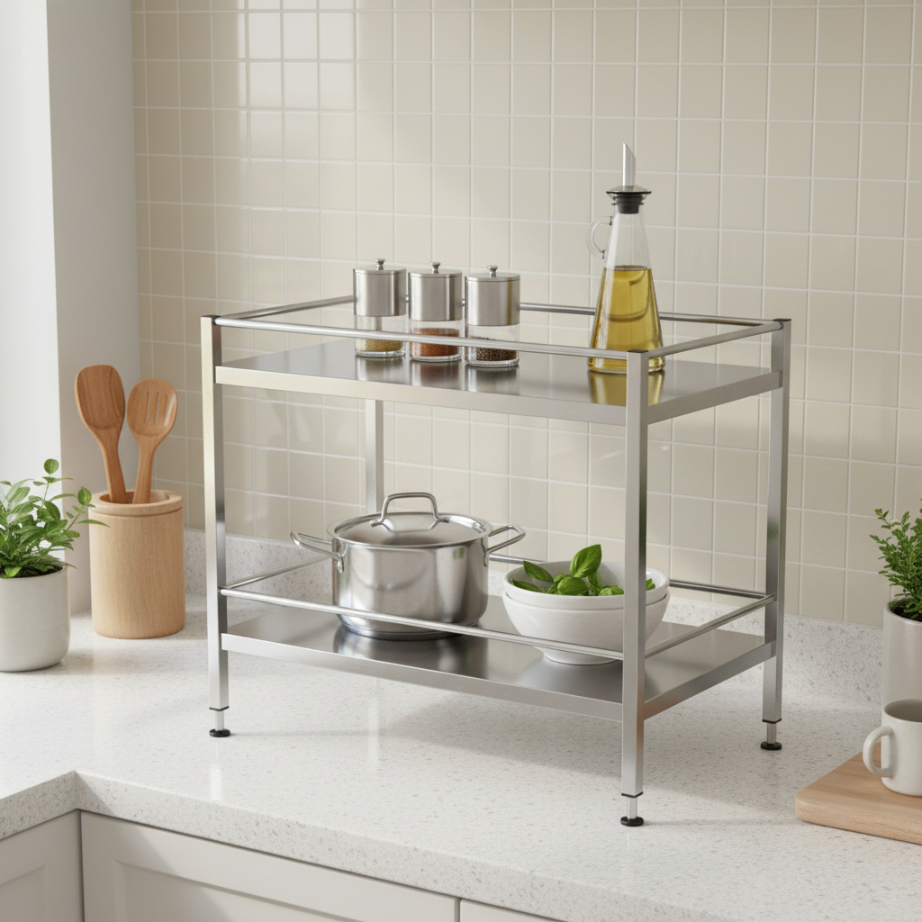 2-tier stainless steel kitchen storage rack on countertop holding seasoning containers and cookware