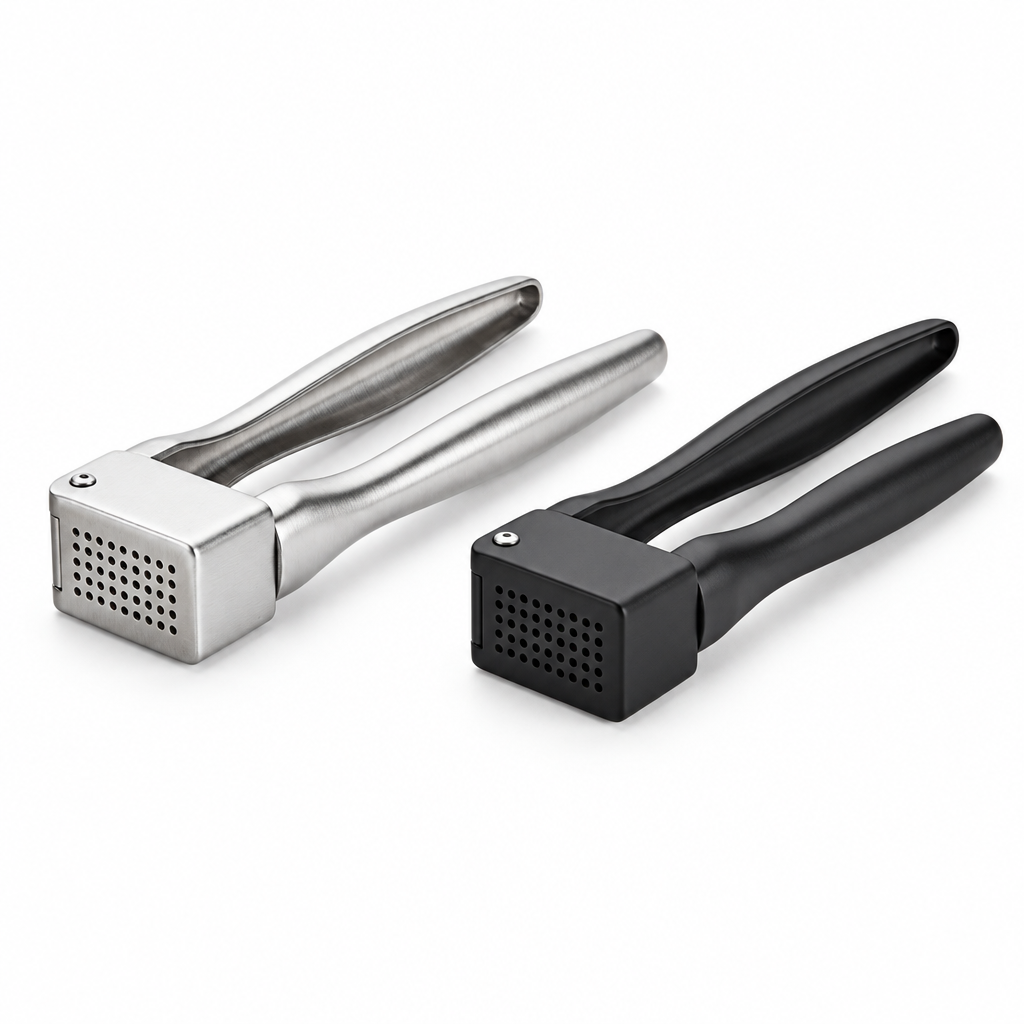 Stainless steel garlic presses in brushed silver and matte black finishes on pure white background